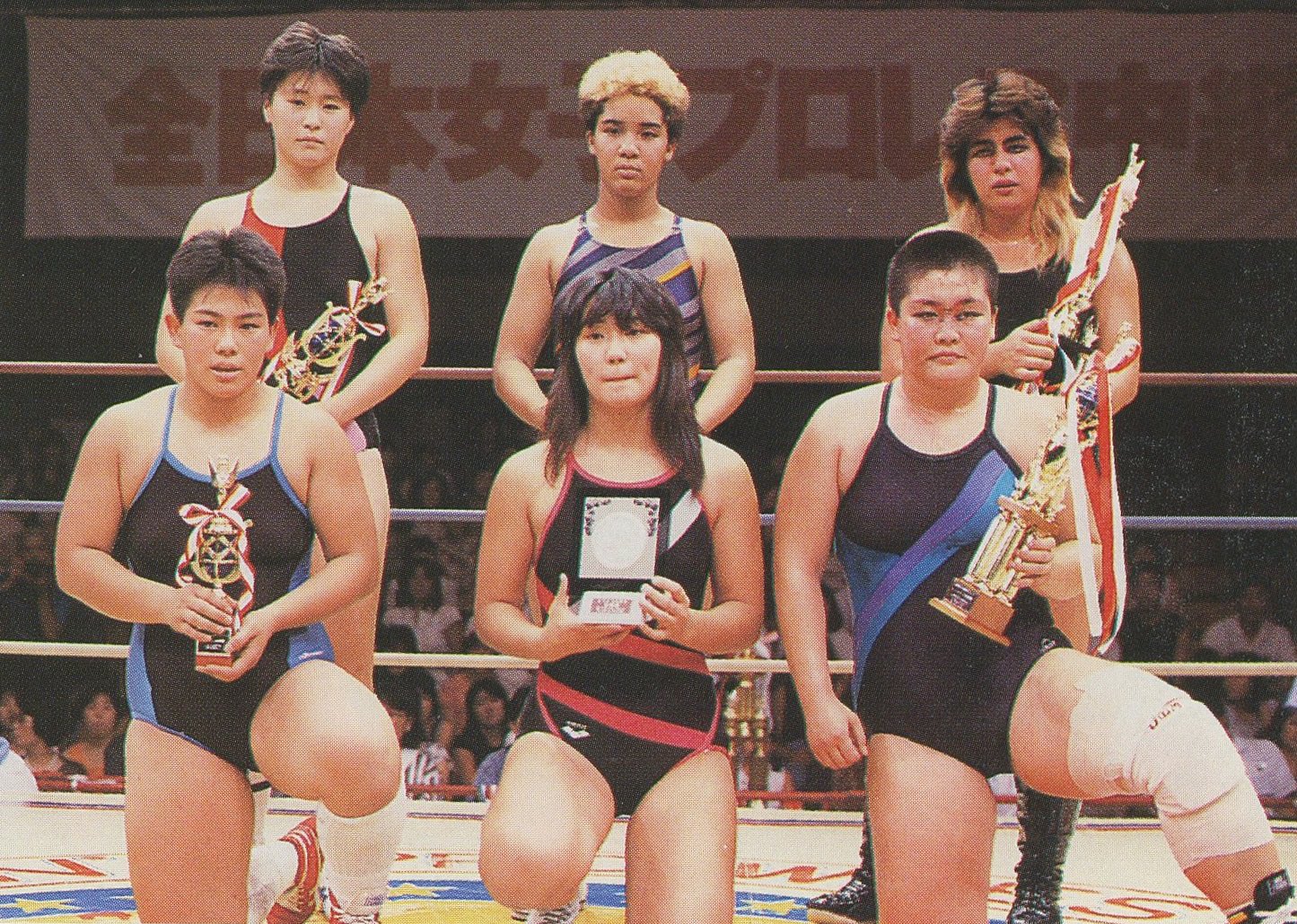 Competitors of the 1987 AJW Juniors Tournament lined up together inside the ring.